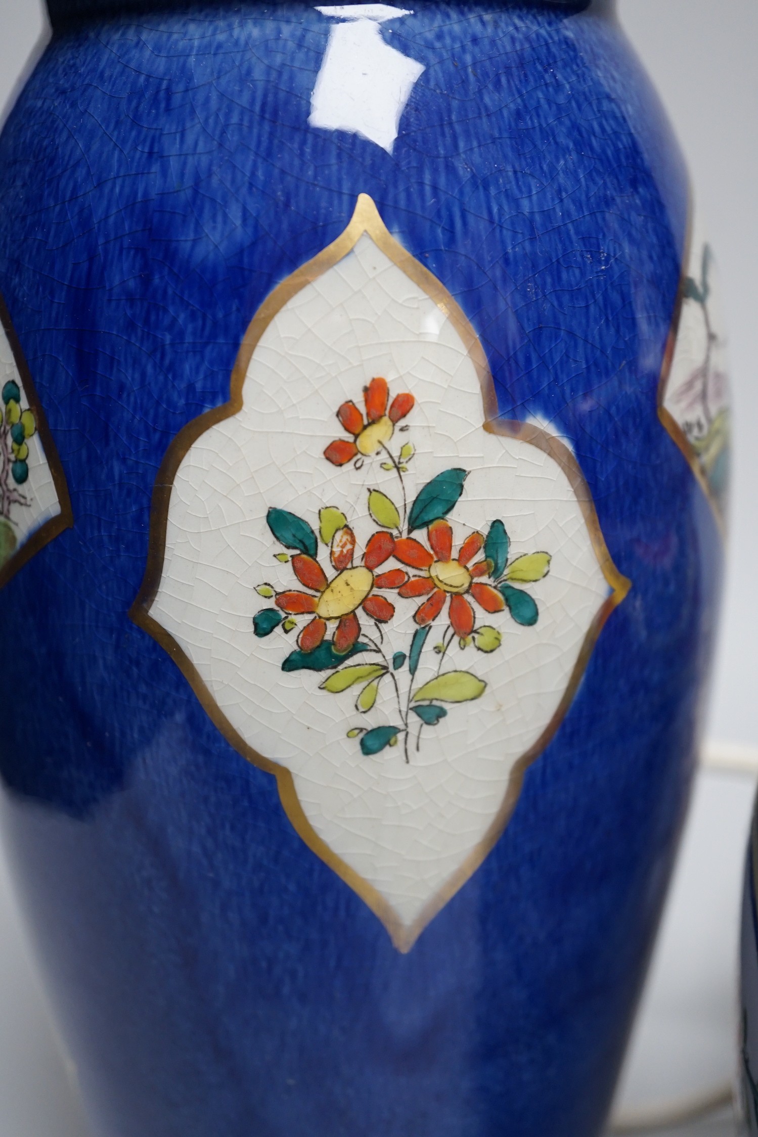 A group of Chinese famille rose jars, Paris porcelain lamps etc - tallest 34.5cm